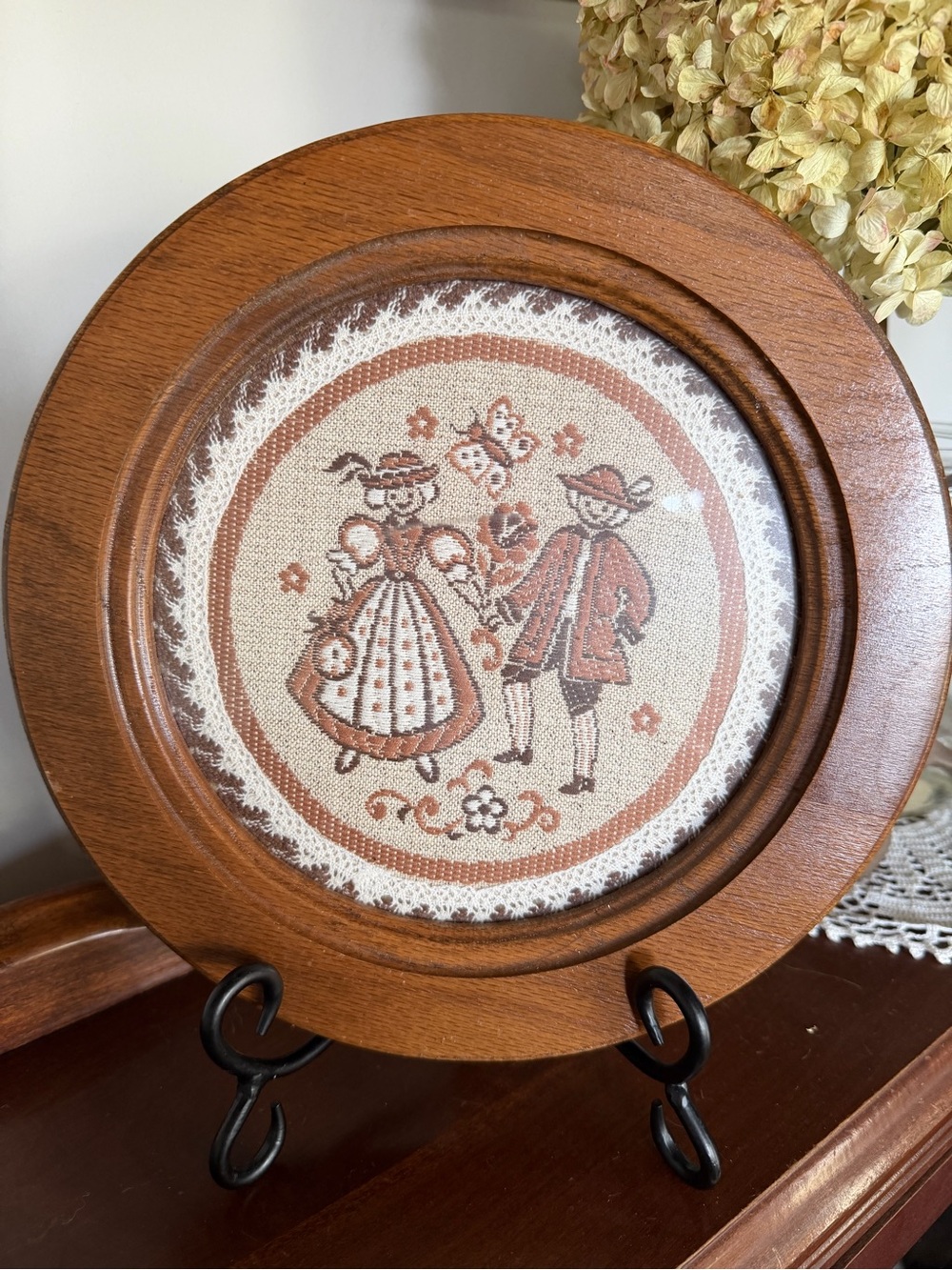 Decorative Folk Art Wooden Framed Plate in Brown and Cream